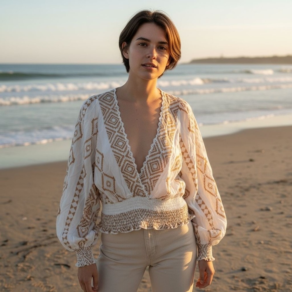 NWT Surf Gypsy Embroidered Smocked Waist Peasant Blouse Women M Ivory Caramel